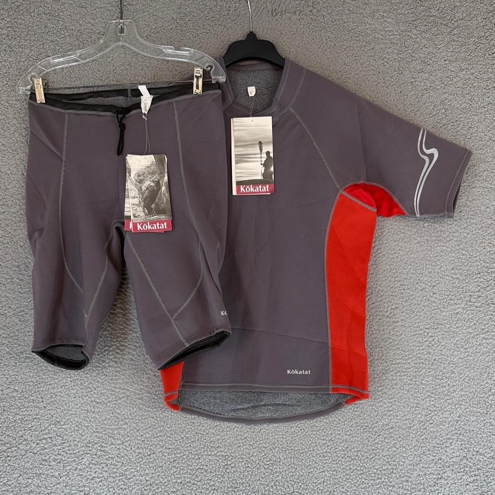 Kokatat Men's XL 2 piece wet suit Gray & Red Swim Set stretch padding elastic